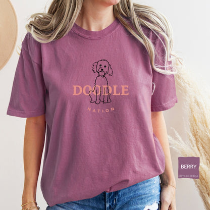 Goldendoodle comfort colors t-shirt with Goldendoodle and words "Doodle Nation" in berry  color