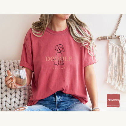 Goldendoodle comfort colors t-shirt with Goldendoodle and words "Doodle Nation" in crimson color
