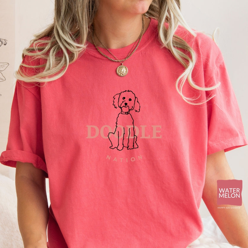 Goldendoodle comfort colors t-shirt with Goldendoodle and words "Doodle Nation" in watermelon color