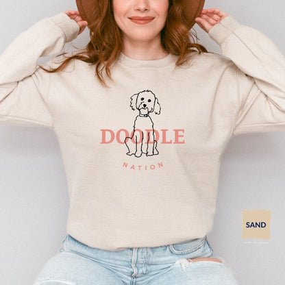 Goldendoodle crew neck sweatshirt with Goldendoodle and words "Doodle Nation" in sand color