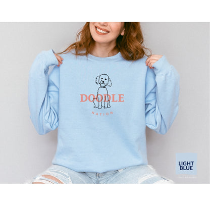 Goldendoodle crew neck sweatshirt with Goldendoodle and words "Doodle Nation" in light blue color