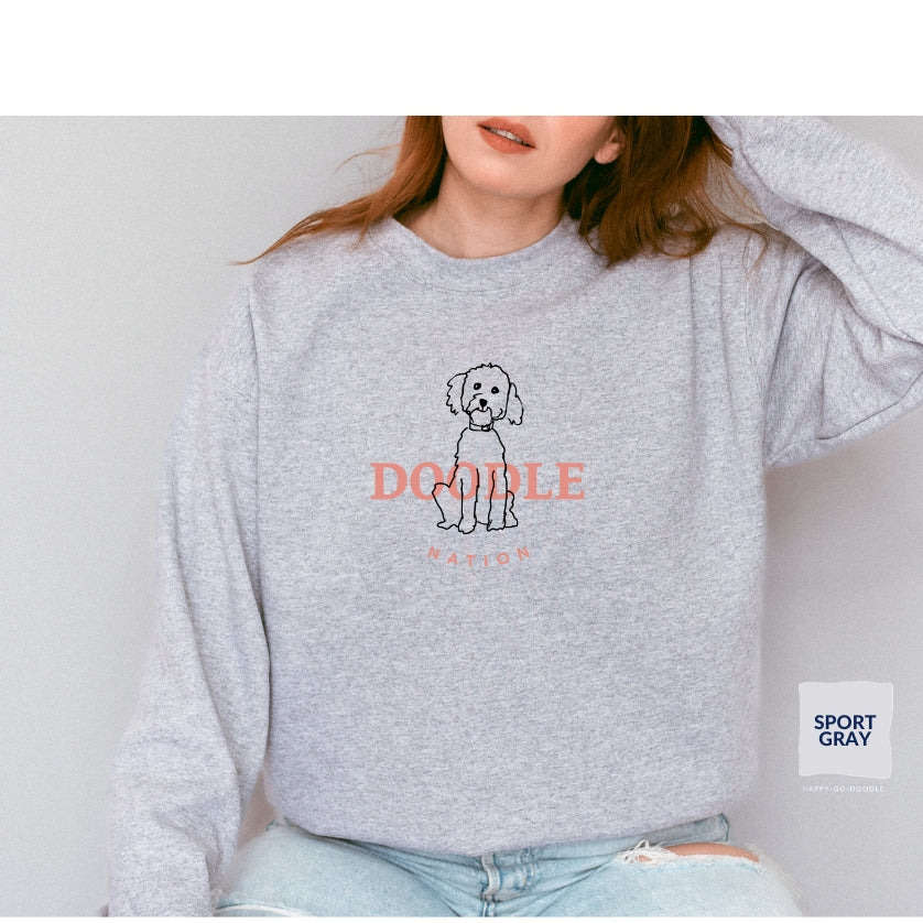 Goldendoodle crew neck sweatshirt with Goldendoodle and words "Doodle Nation" in sport gray color