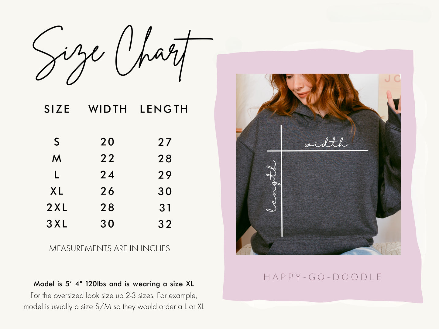 Size chart for Gildan hoodie