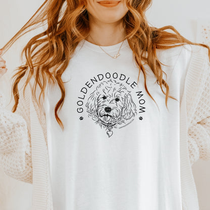 Goldendoodle Mom t-shirt with Goldendoodle face and words "Goldendoodle Mom" in white color