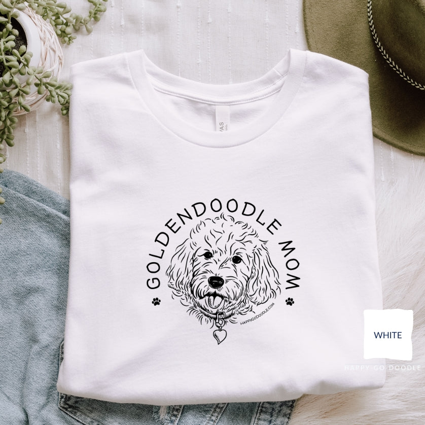Goldendoodle Mom t-shirt with Goldendoodle face and words "Goldendoodle Mom" in white color