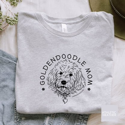 Goldendoodle Mom t-shirt with Goldendoodle face and words "Goldendoodle Mom" in athletic heather olor