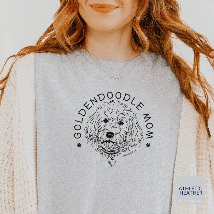 Goldendoodle Mom t-shirt with Goldendoodle face and words "Goldendoodle Mom" in athletic heather color