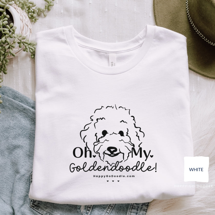 Goldendoodle t-shirt with Goldendoodle face and words "Oh My Goldendoodle" in white color