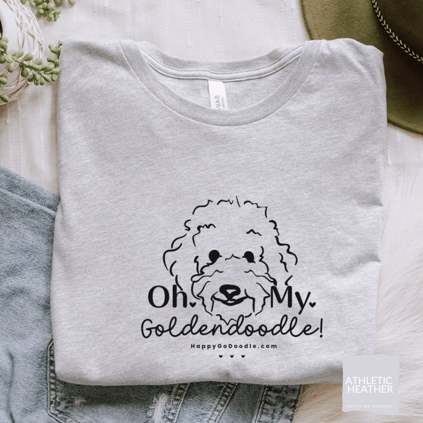 Goldendoodle t-shirt with Goldendoodle face and words "Oh My Goldendoodle" in athletic heather color
