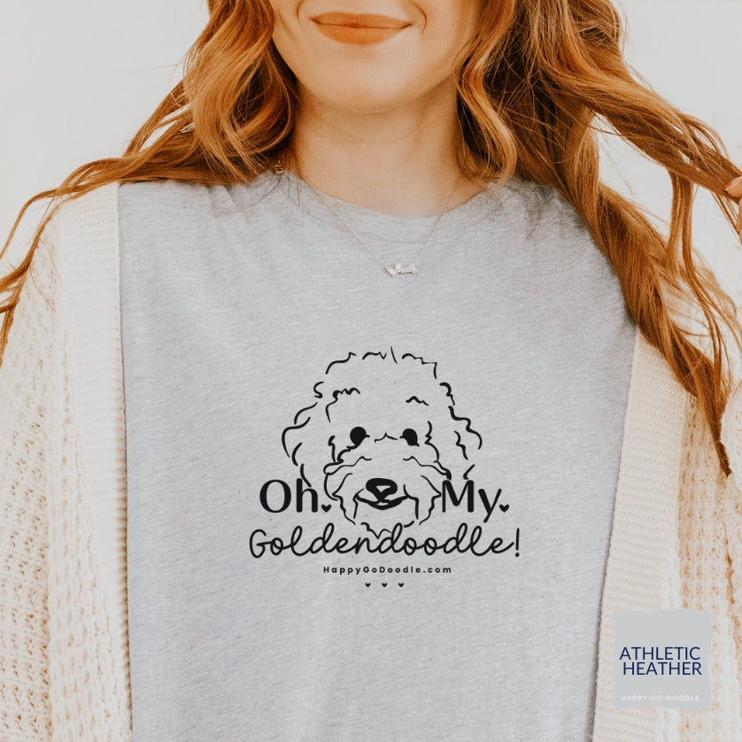 Goldendoodle t-shirt with Goldendoodle face and words "Oh My Goldendoodle" in athletic heather color