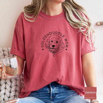 Goldendoodle Mom comfort colors t-shirt with Goldendoodle face and words "Goldendoodle Mom" in crimson color