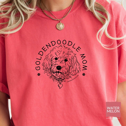 Goldendoodle Mom comfort colors t-shirt with Goldendoodle face and words "Goldendoodle Mom" in watermelon color