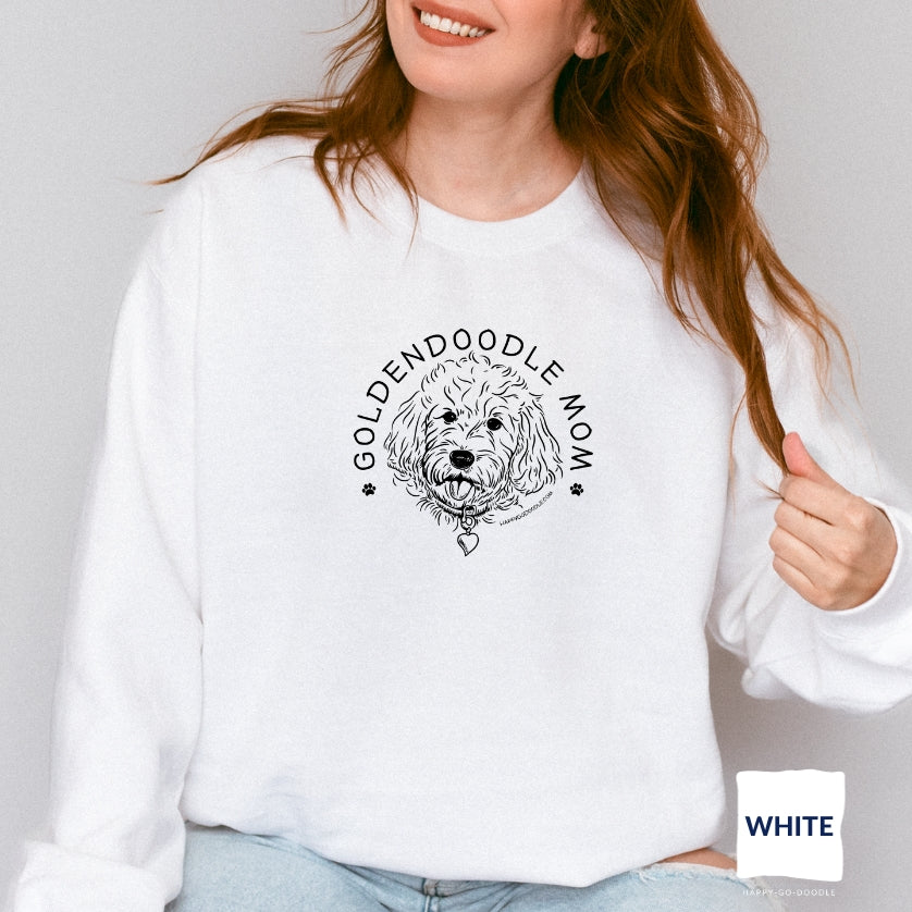 Goldendoodle crew neck sweatshirt with Goldendoodle face and words "Goldendoodle Mom" in white color