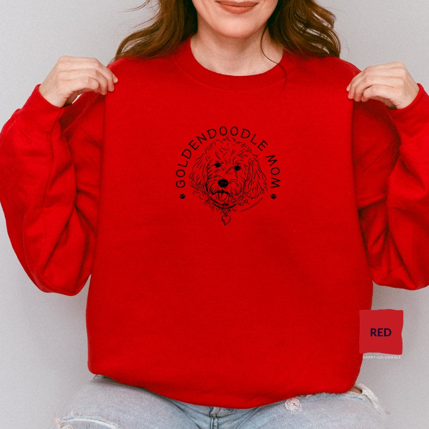 Goldendoodle crew neck sweatshirt with Goldendoodle face and words "Goldendoodle Mom" in red color