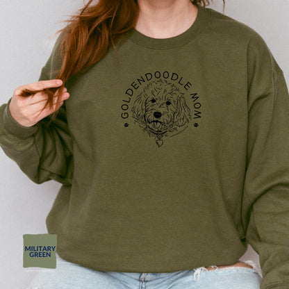 Goldendoodle crew neck sweatshirt with Goldendoodle face and words "Goldendoodle Mom" in military green color