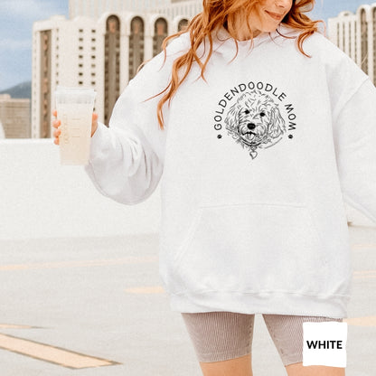 Goldendoodle hoodie with Goldendoodle face and words "Goldendoodle Mom" in white color