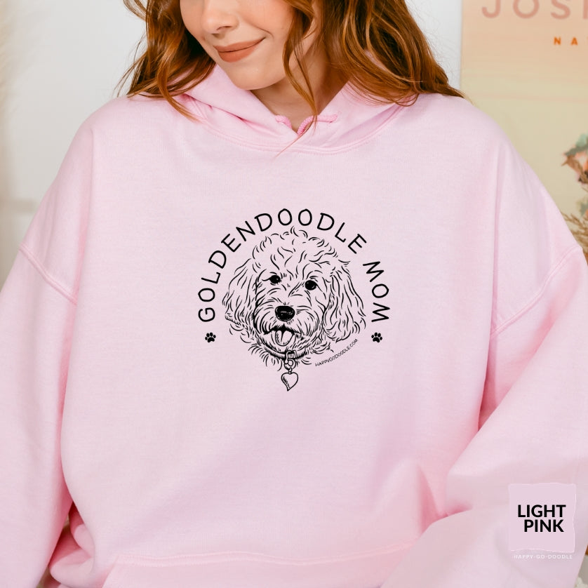 Goldendoodle hoodie with Goldendoodle face and words "Goldendoodle Mom" in light pink color