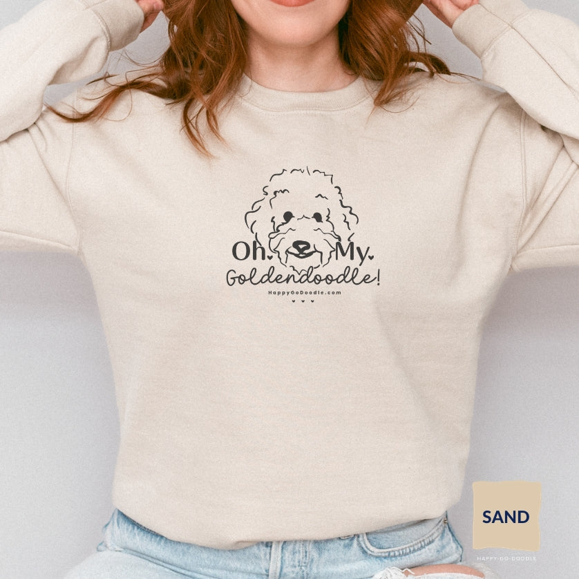 Goldendoodle crew neck sweatshirt with Goldendoodle face and words "Oh My Goldendoodle" in sand color