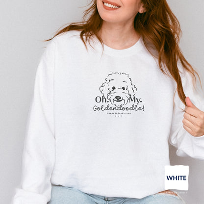 Goldendoodle crew neck sweatshirt with Goldendoodle face and words "Oh My Goldendoodle" in white color