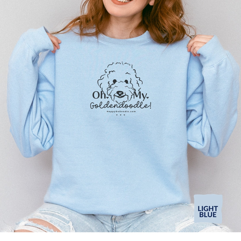 Goldendoodle crew neck sweatshirt with Goldendoodle face and words "Oh My Goldendoodle" in light blue color