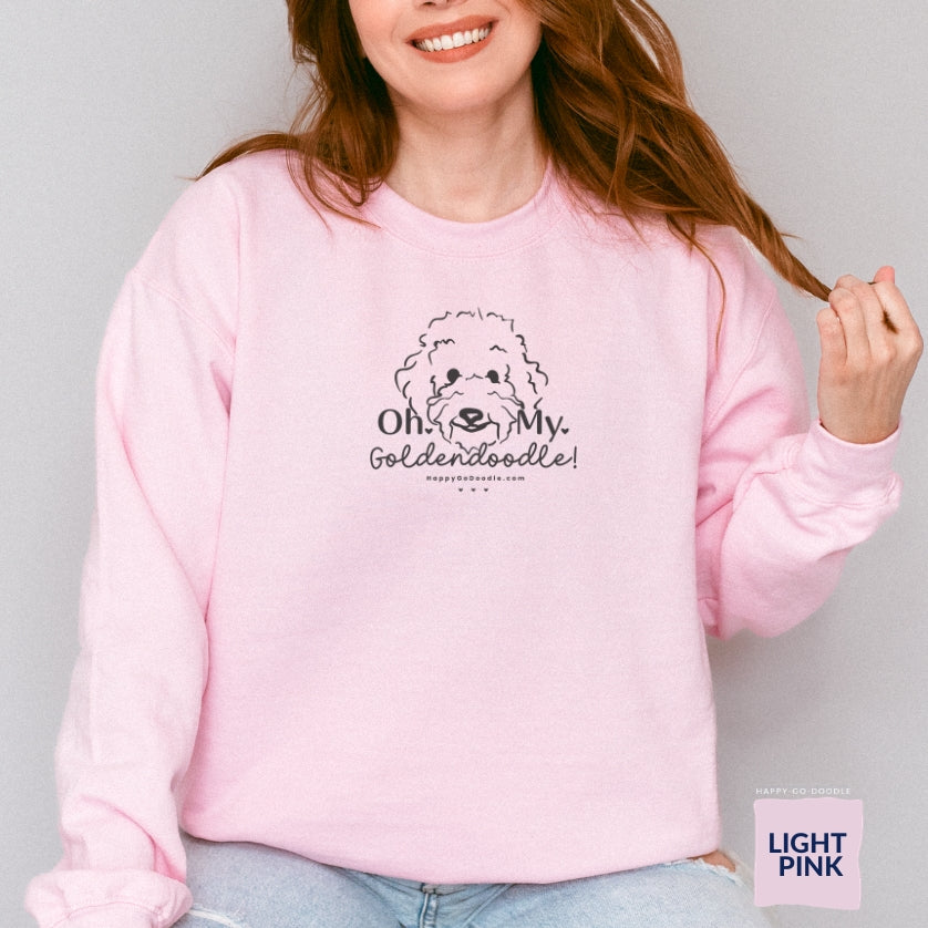 Goldendoodle crew neck sweatshirt with Goldendoodle face and words "Oh My Goldendoodle" in light pink color