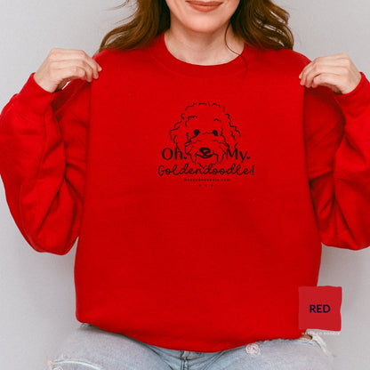 Goldendoodle crew neck sweatshirt with Goldendoodle face and words "Oh My Goldendoodle" in red color