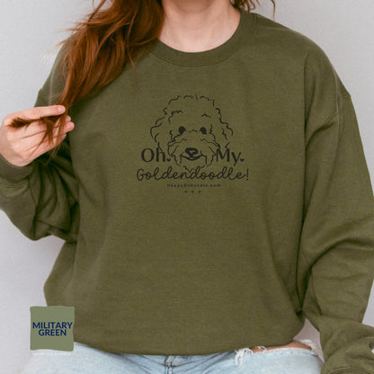 Goldendoodle crew neck sweatshirt with Goldendoodle face and words "Oh My Goldendoodle" in military green color