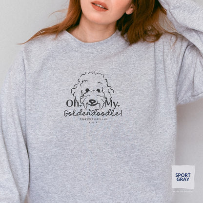 Goldendoodle crew neck sweatshirt with Goldendoodle face and words "Oh My Goldendoodle" in sport gray color