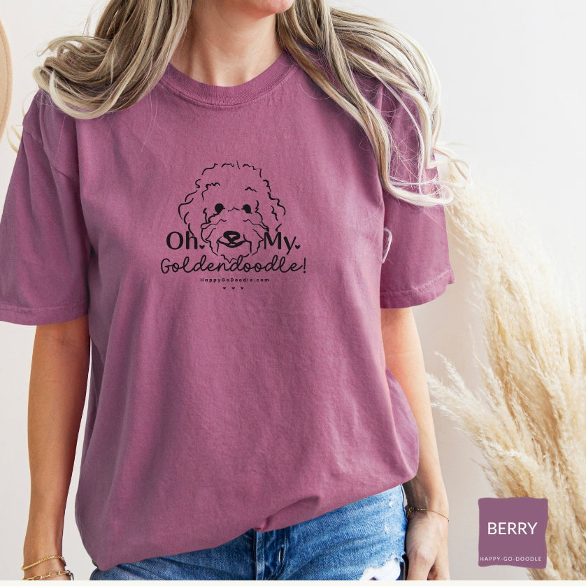 Goldendoodle comfort colors t-shirt with Goldendoodle face and words "Oh My Goldendoodle" in berry color