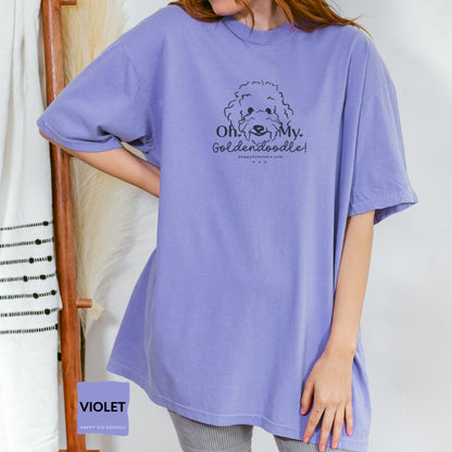 Goldendoodle comfort colors t-shirt with Goldendoodle face and words "Oh My Goldendoodle" in violet color