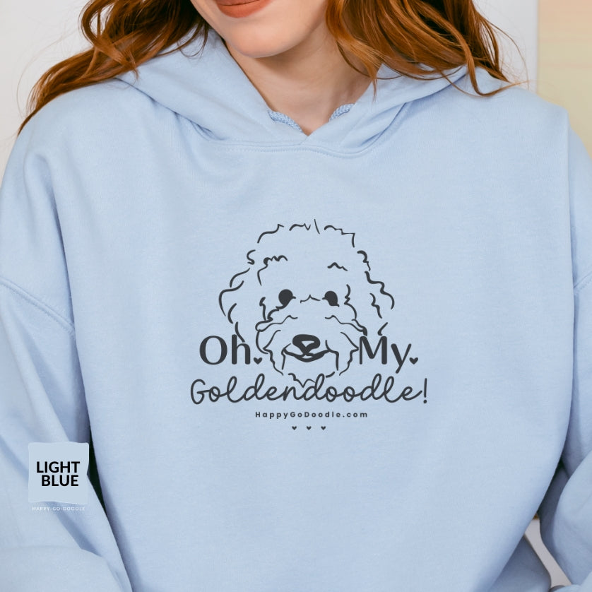 Goldendoodle hoodie with Goldendoodle face and words "Oh My Goldendoodle" in light blue  color