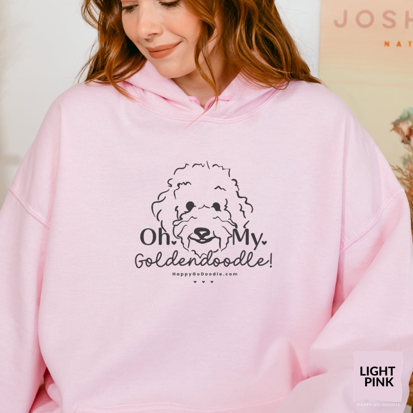 Goldendoodle hoodie with Goldendoodle face and words "Oh My Goldendoodle" in light pink color