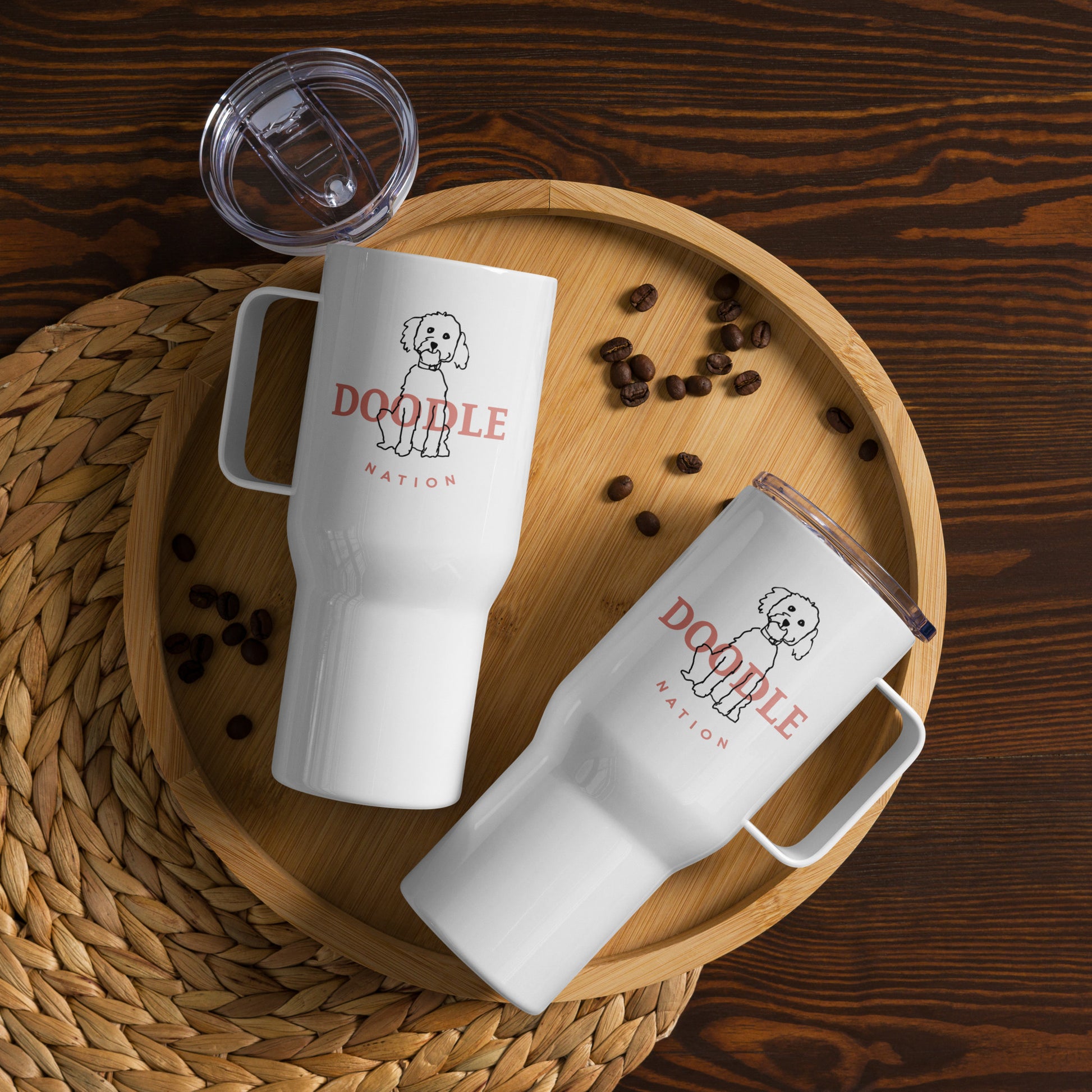 Two White travel tumblers with goldendoodle dog and saying "Doodle Nation"