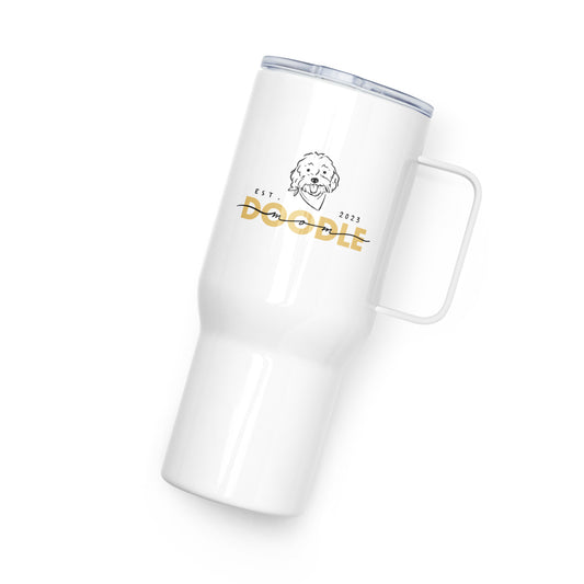 White travel tumbler with goldendoodle dog and saying "Doodle Mom Est. 2023"
