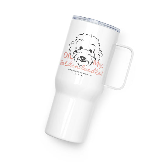 White travel tumbler with goldendoodle dog and saying "Oh My Goldendoodle"