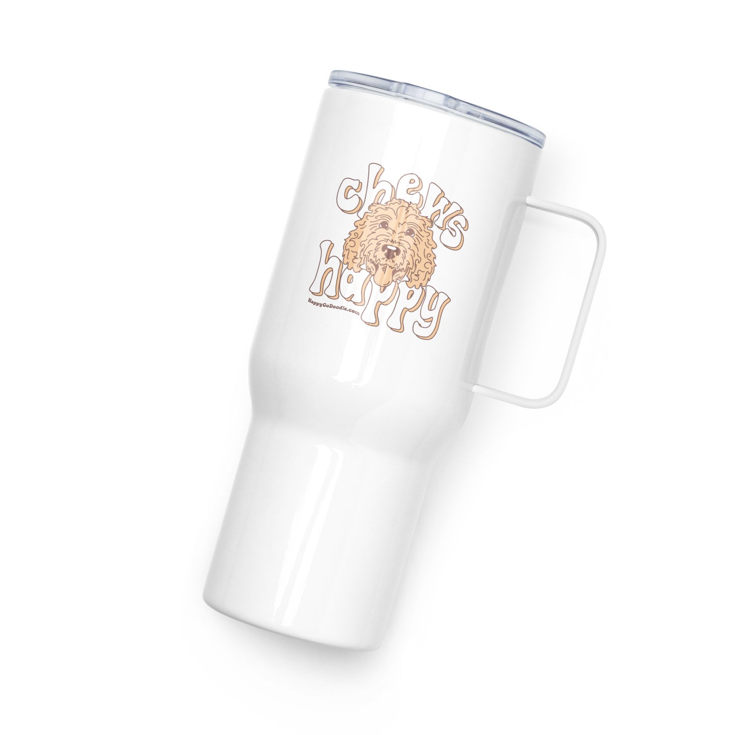 White travel tumbler with goldendoodle dog and saying "Chews Happy"