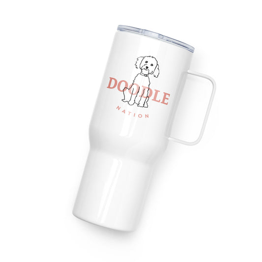 White travel tumbler with goldendoodle dog and saying "Doodle Nation"