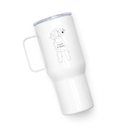 White travel tumbler with goldendoodle dog and saying "Doodle Nation"