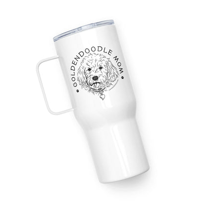 White travel tumbler with goldendoodle dog and saying "Goldendoodle Mom"