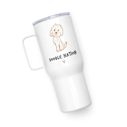 White Stainless steel travel tumbler with hand drawn Goldendoodle dog and the saying "Doodle Nation"
