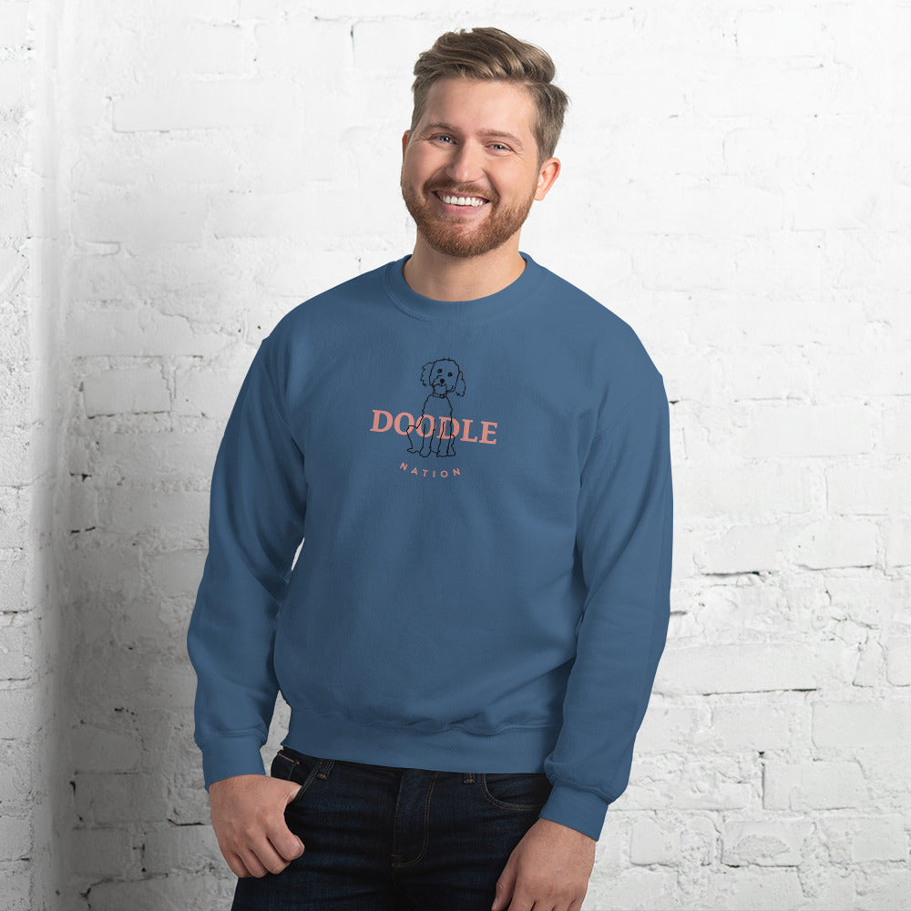 Goldendoodle crew neck sweatshirt with Goldendoodle and words "Doodle Nation" in indigo blue color