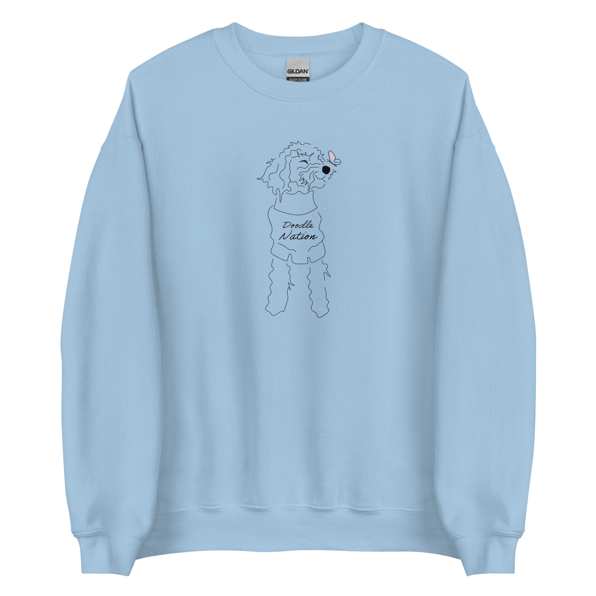 Goldendoodle crew neck sweatshirt with Goldendoodle dog face and words "Doodle Nation" in light blue color