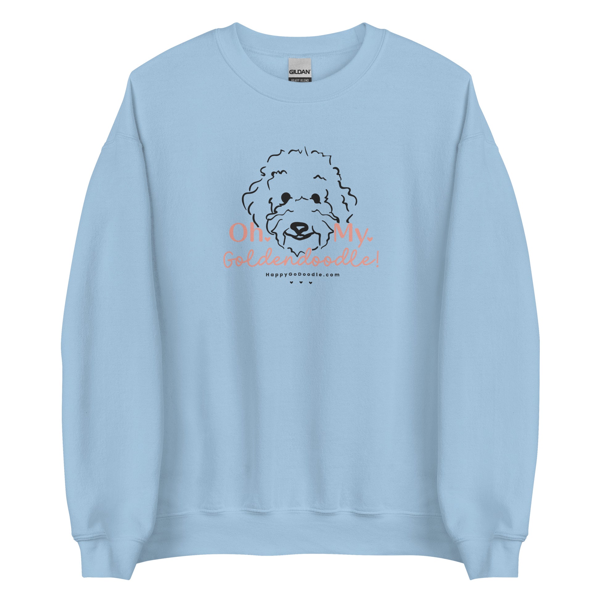 Goldendoodle crew neck sweatshirt with Goldendoodle face and words "Oh My Goldendoodle" in  light blue