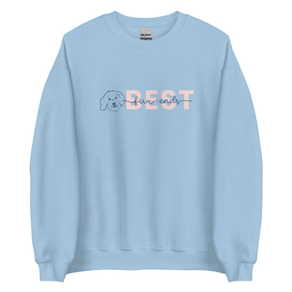 Goldendoodle crew neck sweatshirt with Goldendoodle face and words "Best fur-Ends" in light blue color