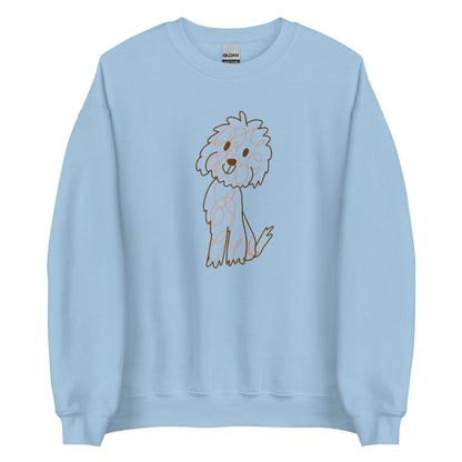 Crew Neck Sweatshirt with doodle dog drawn with fine lines light blue color