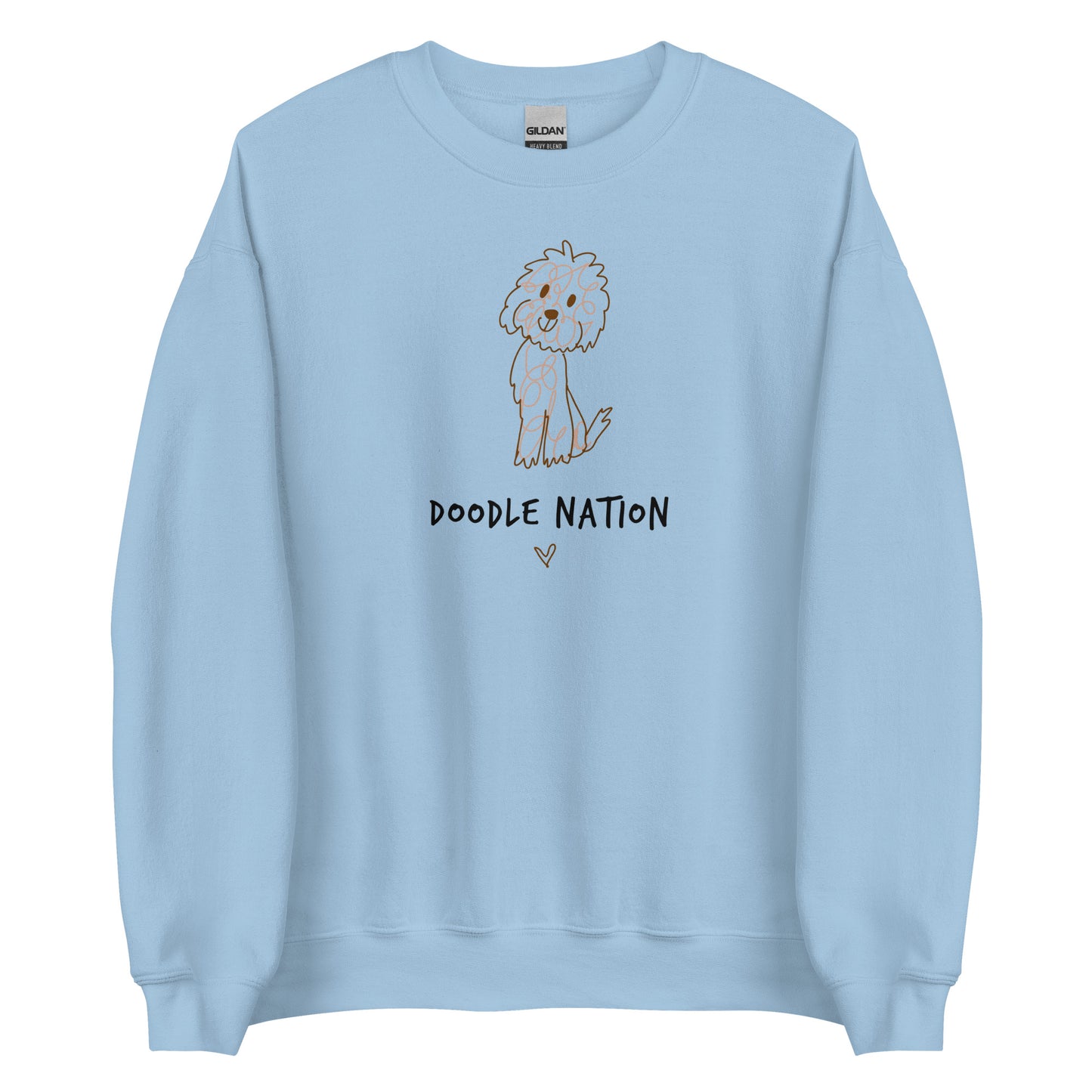 Light blue crew neck sweatshirt with hand drawn dog design and saying Doodle Nation