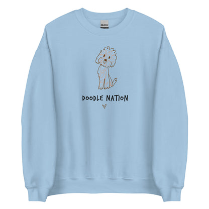 Light blue crew neck sweatshirt with hand drawn dog design and saying Doodle Nation