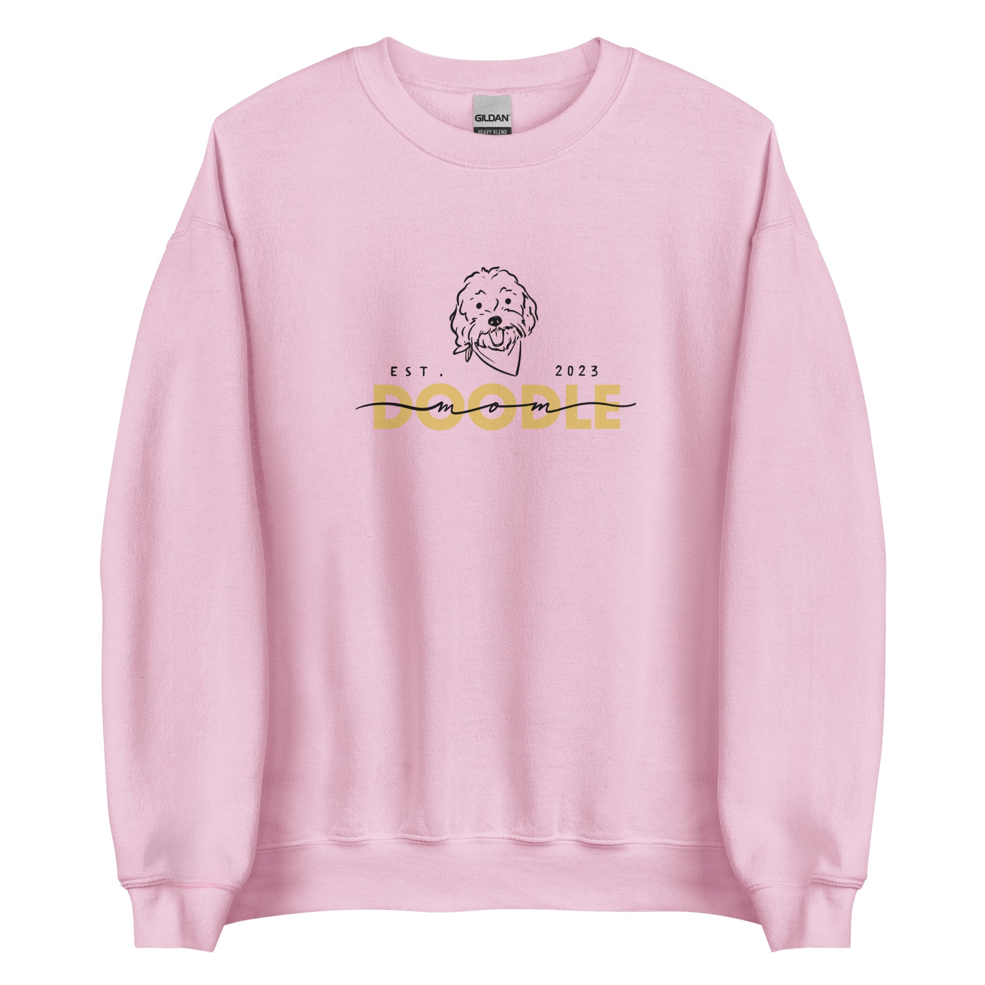 Goldendoodle Mom crew neck sweatshirt with Goldendoodle face and words "Doodle Mom Est 2023" in light pink  color