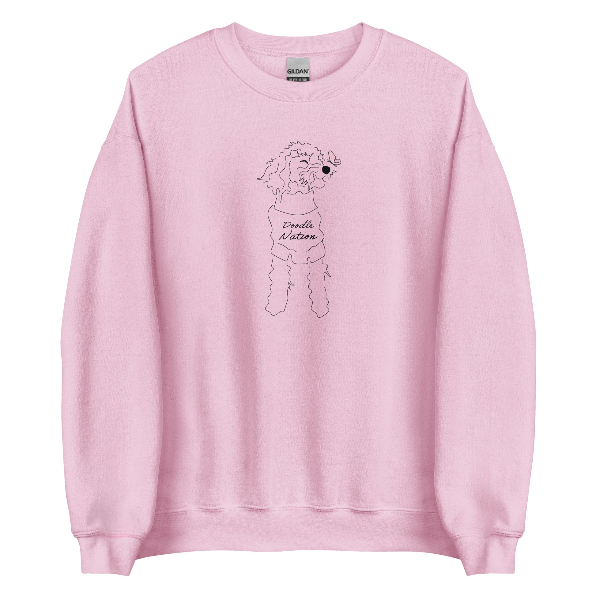 Goldendoodle crew neck sweatshirt with Goldendoodle dog face and words "Doodle Nation" in light pink  color