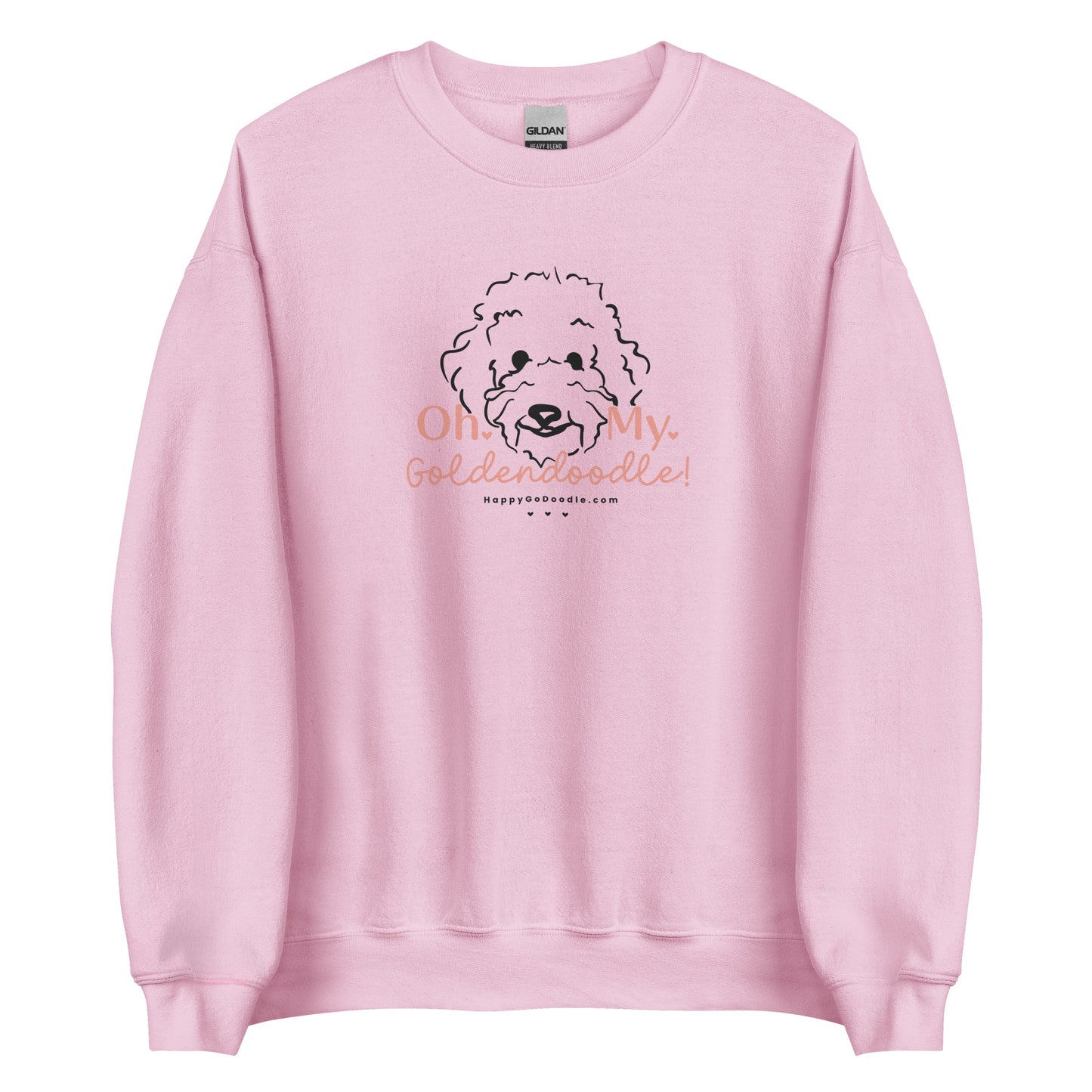 Goldendoodle crew neck sweatshirt with Goldendoodle face and words "Oh My Goldendoodle" in pink